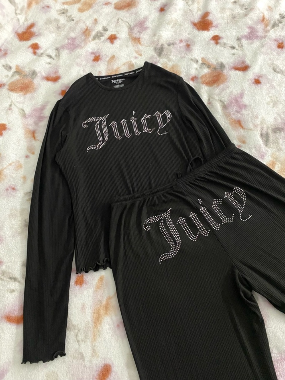 Juicy Couture Black Rhinestone Logo Ribbed Loungewear Set